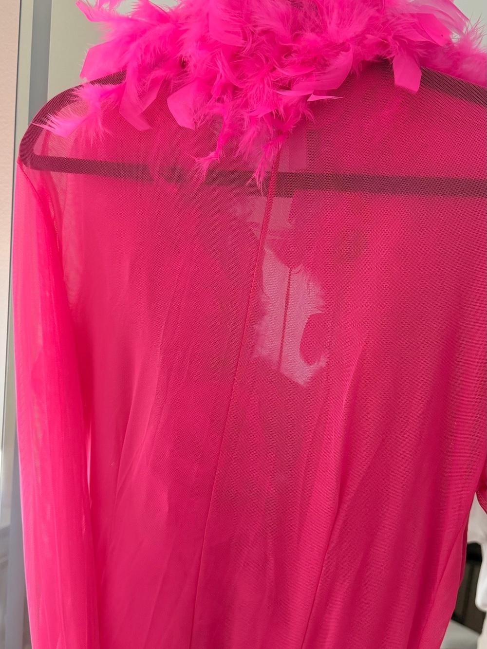 Hot Pink Feather Trim Sheer Robe with Satin Tie - Picture 9 of 12